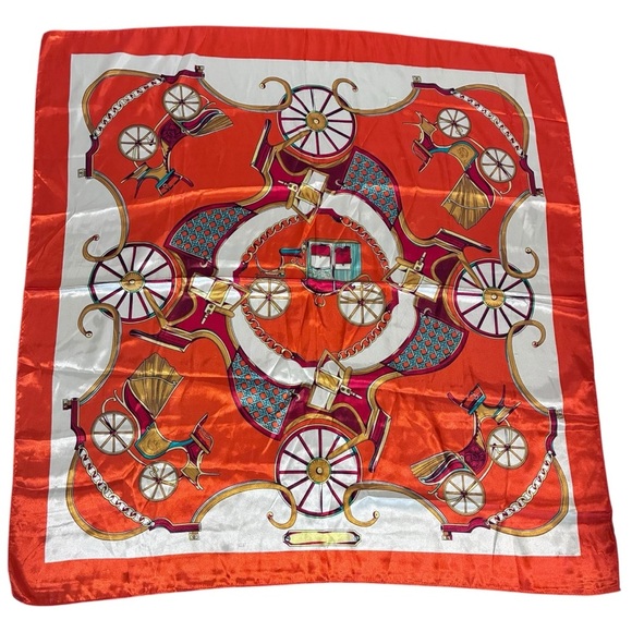 MOSI Accessories - MOSI Orange, White & Gold Carriage-Print Silk-Feel Square Scarf